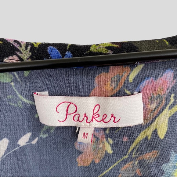 Parker Black + Multicolor Floral Silk Ruffle Trim Tie Neck Dress - Picture 5 of 8